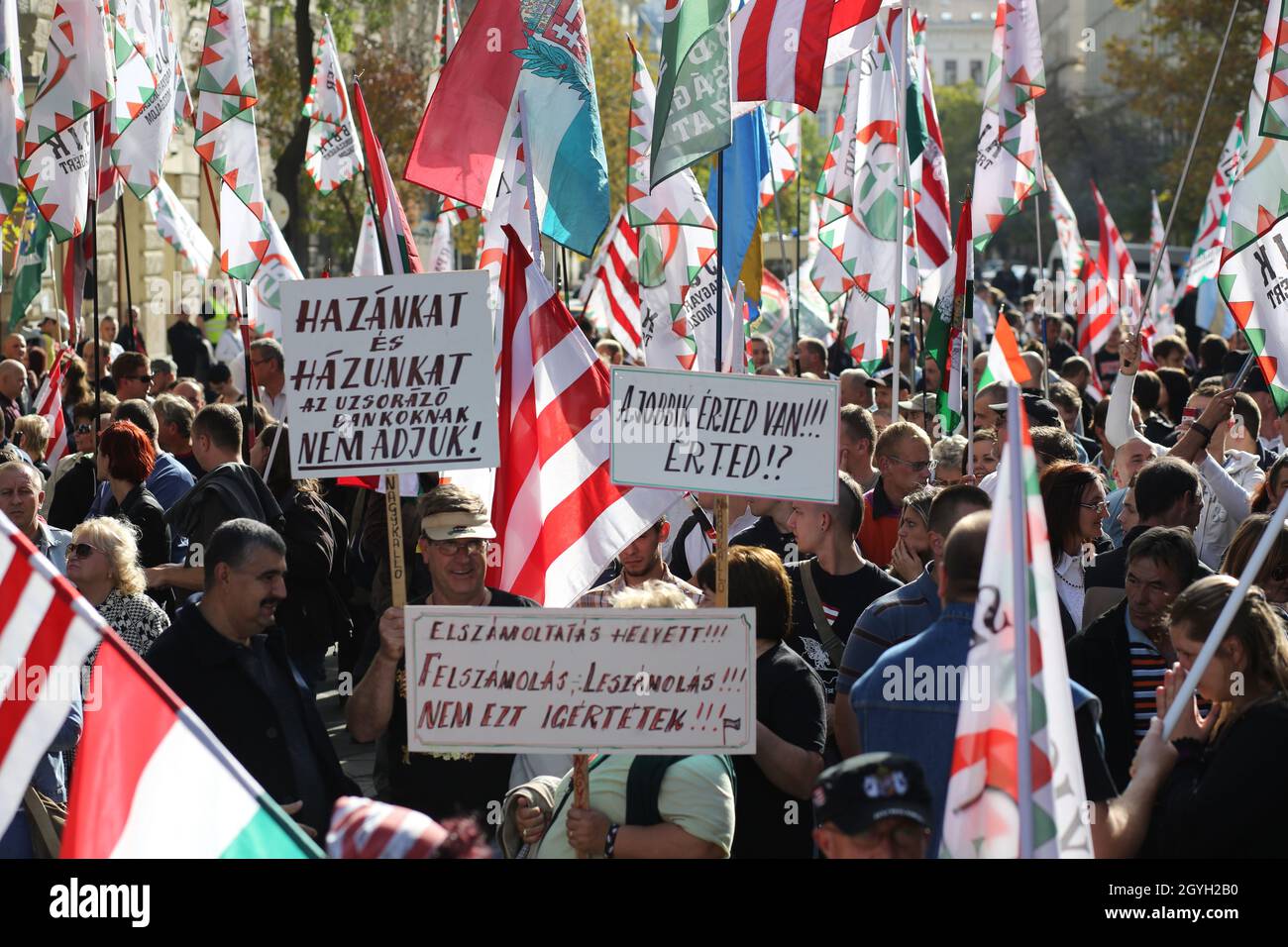 A political gathering of the Jobbik party in downtown Budapest on the national holiday of October 23. Stock Photo