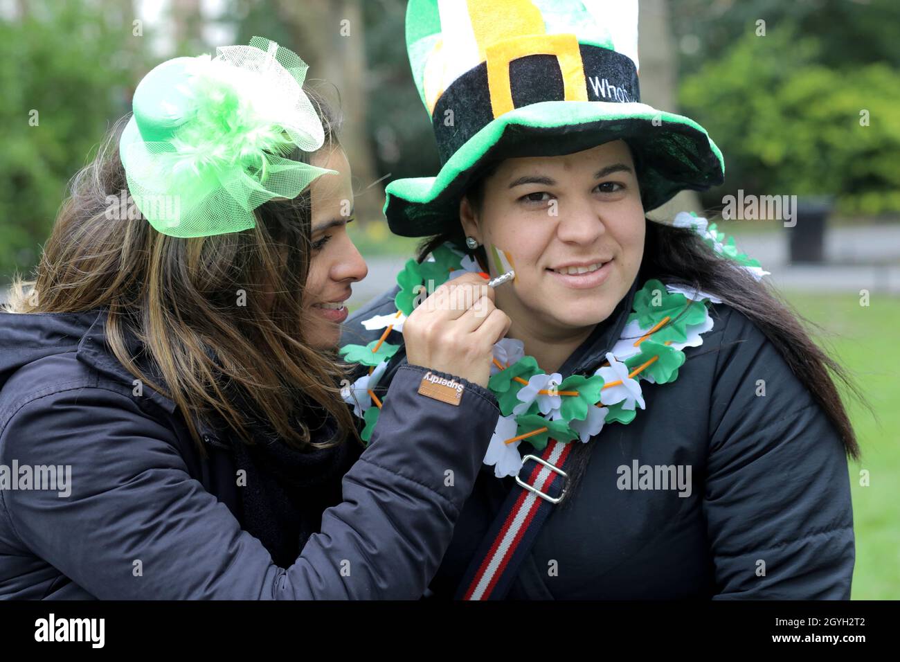 St patrick's Day in Dublin and a sea of green takes over the city on Ireland's national holiday. Stock Photo