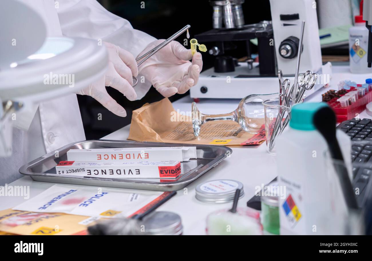 Police scientist prepares vial for crime lab analysis Stock Photo