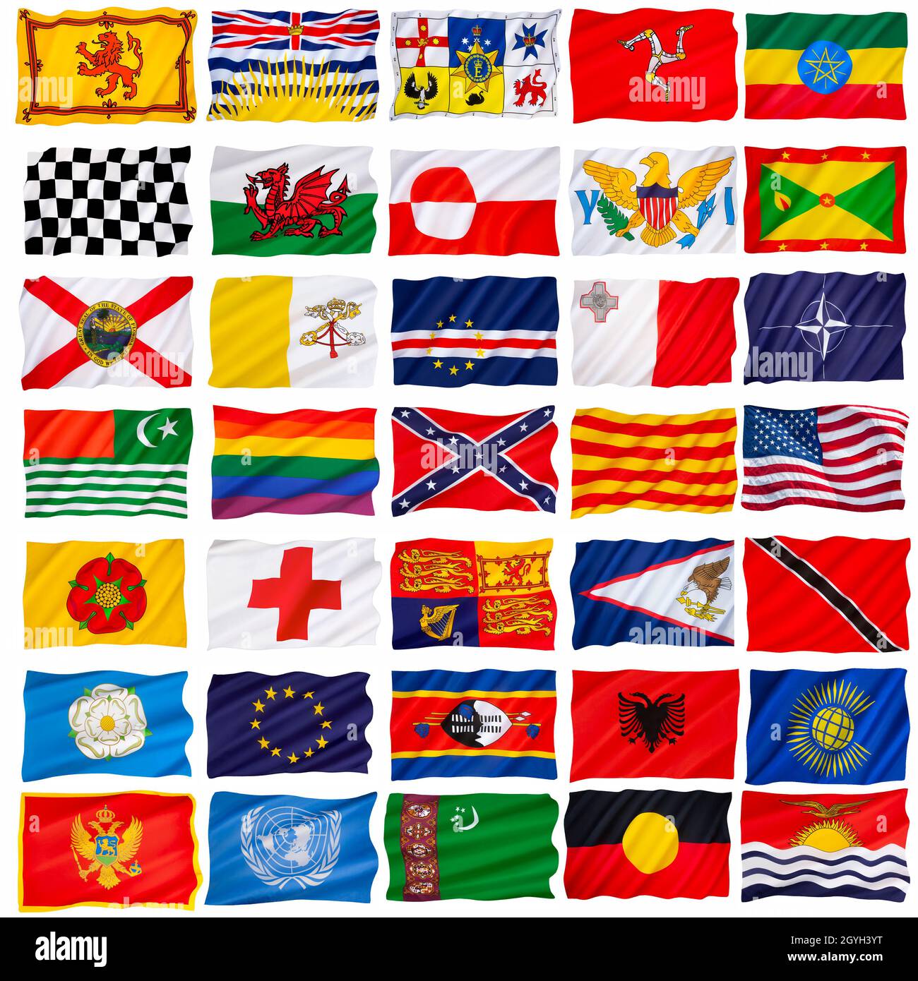 An assortment of national, regional and other flags - each is isolated on white for cut out. Stock Photo