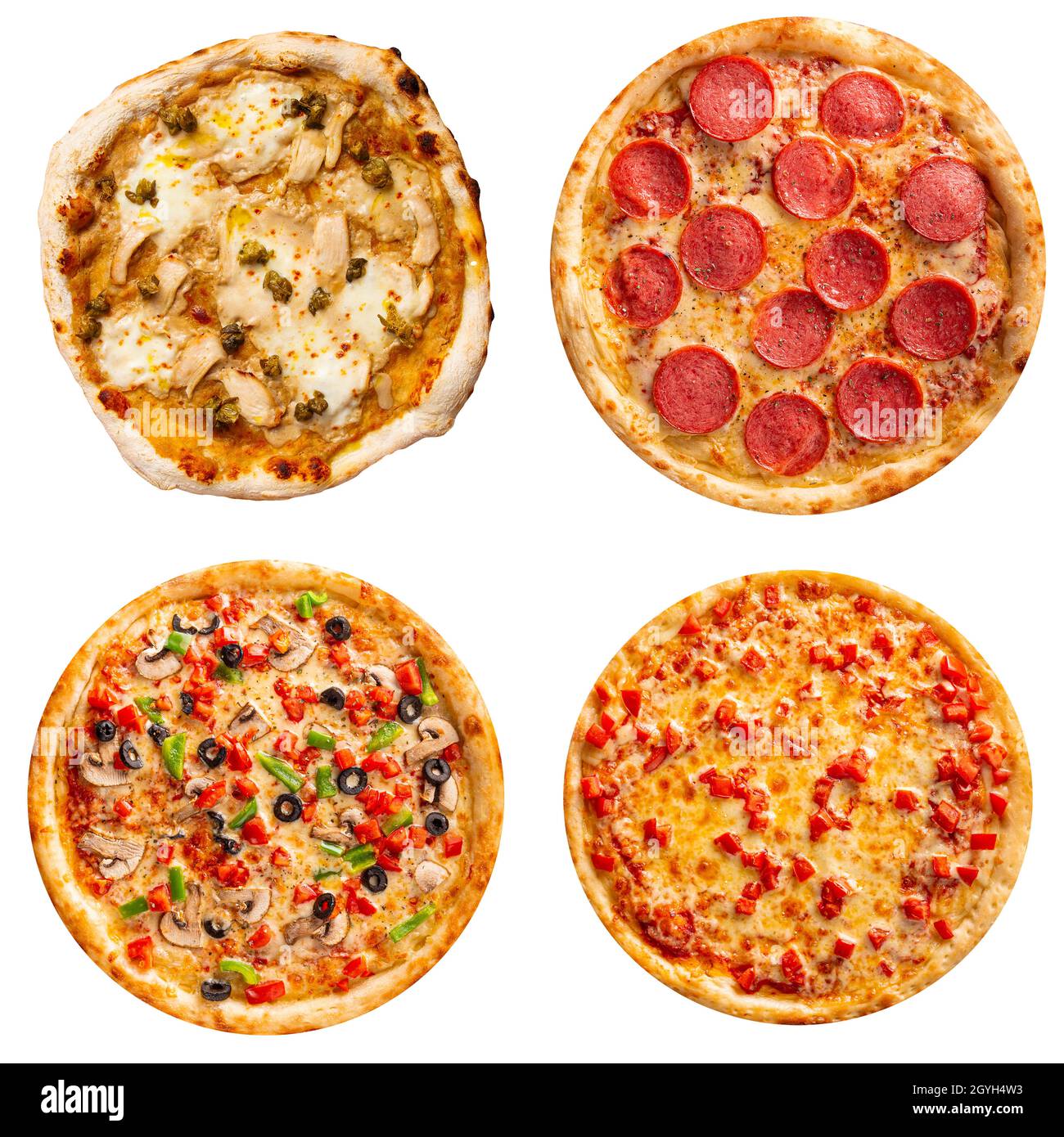 Isolated collage of various types of pizza Stock Photo - Alamy