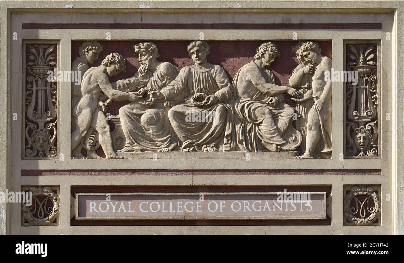 London, England, UK. Royal College of Organists, Kensington Gore (opposite the Albert Hall) facade detail. Stock Photo