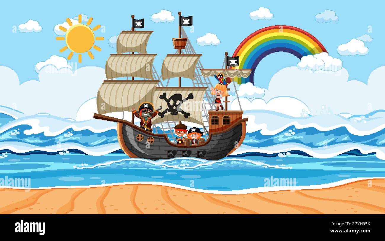 Beach with Pirate ship at daytime scene in cartoon style illustration ...