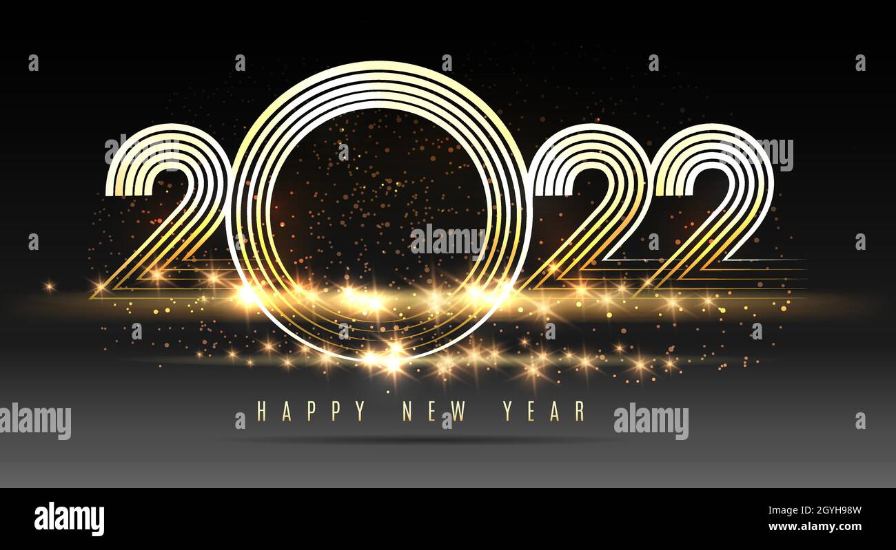 Happy new year 2022 Golden glittering sparky numbers on a dark background. Light effect Festive Greeting card design. Vector illustration. Stock Vector
