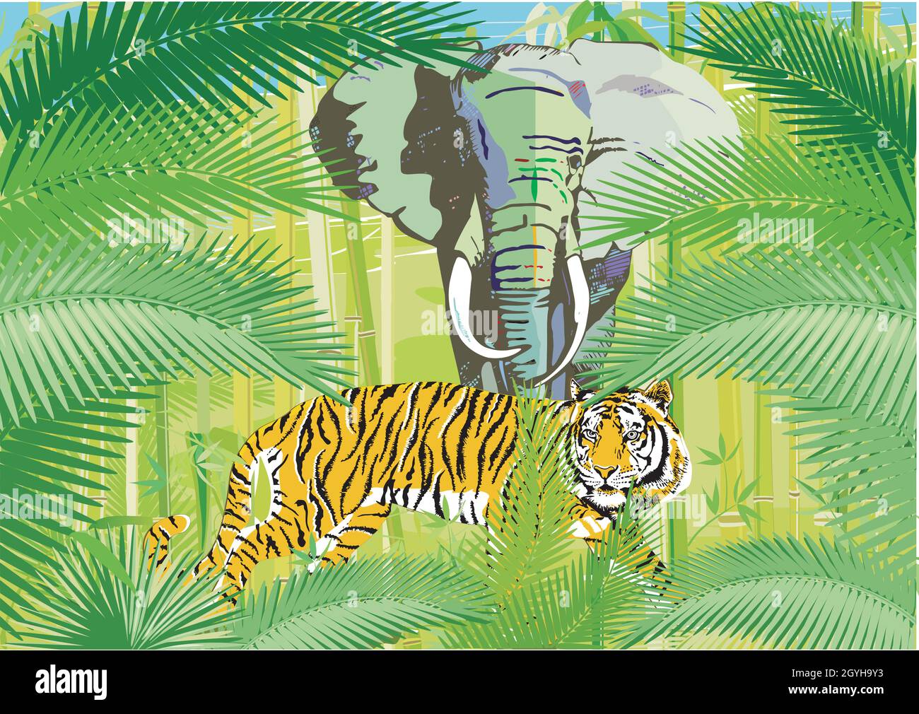 Tropical jungle with elephant and tiger, illustration Stock Vector