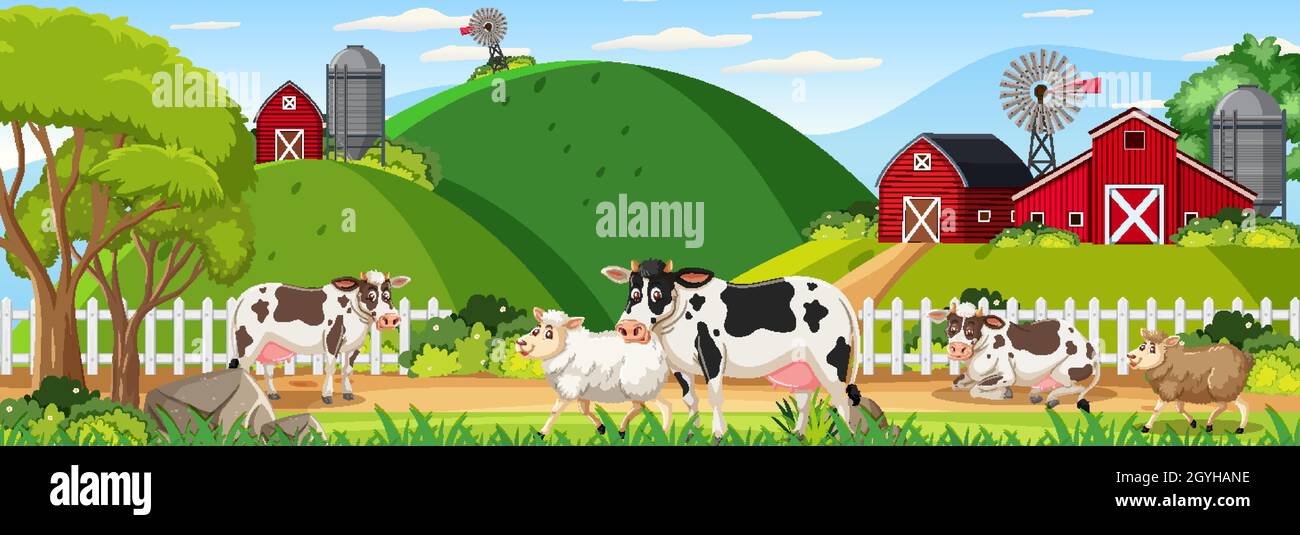 Farm horizontal landscape scene with farm animals illustration Stock ...