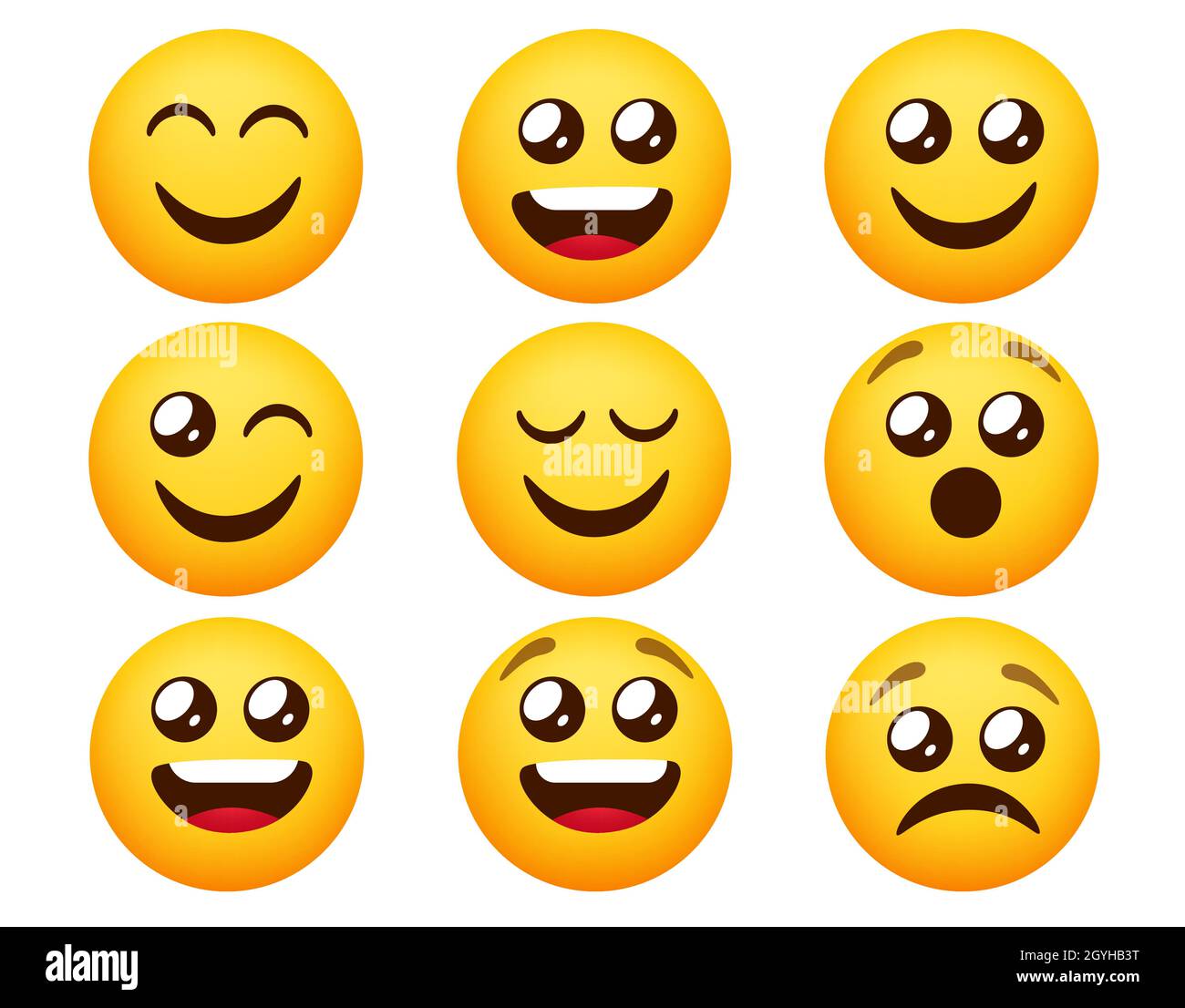 Smileys emoticon vector set. Emoticons smiley characters in happy and sad mood expressions isolated in white background for emoji character collection. Stock Vector