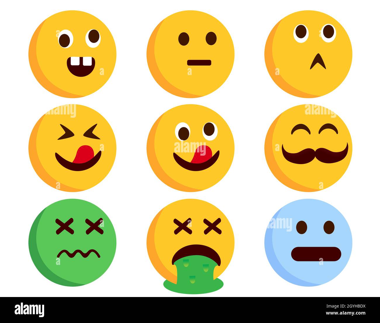 Emoticon smileys character vector set. Emoticons flat characters in crazy, sick, vomit and weird facial expressions for funny emoji smiley collection. Stock Vector