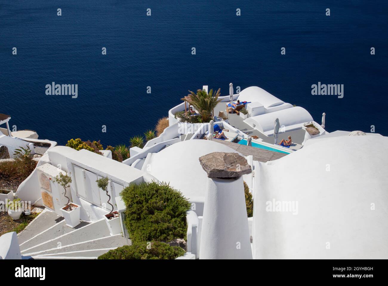 Staircase to hotel with an inner courtyard in Imerovigli, Ia, Santorini, Cyclades, Greece, Europe Stock Photo