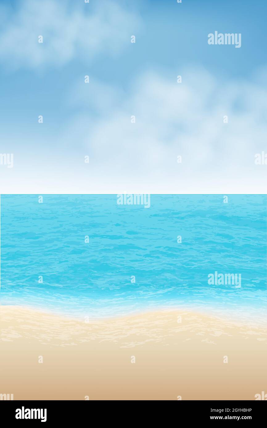summer background. Relistic Beach and tropical sea with white realistic clouds. EPS 10 Stock Vector