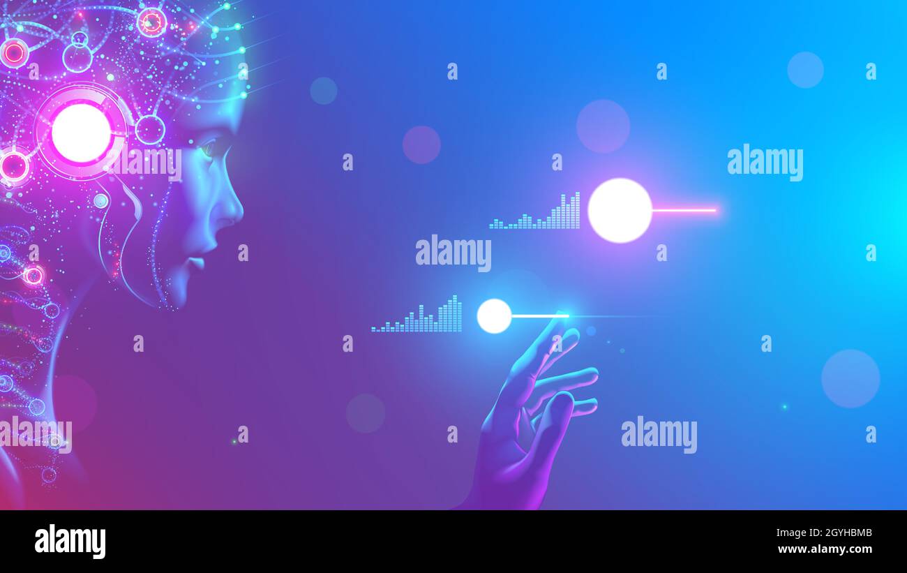 AI in image cybernetic anthropomorphic woman working with matrix data on virtual interface. head or face of artificial intelligence with mind looking Stock Vector