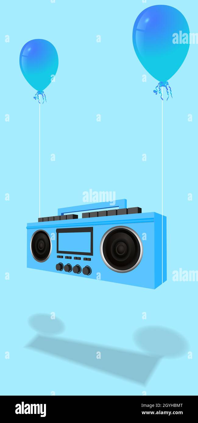 Modern stylish music receiver. Blue boombox, audio and music. Retro old realistic 3d object. Vintage tape recorder isolated on a blue background. vect Stock Vector