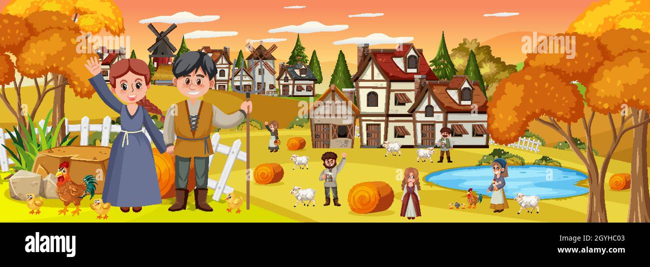 Medieval town at sunset time scene with villagers illustration Stock ...