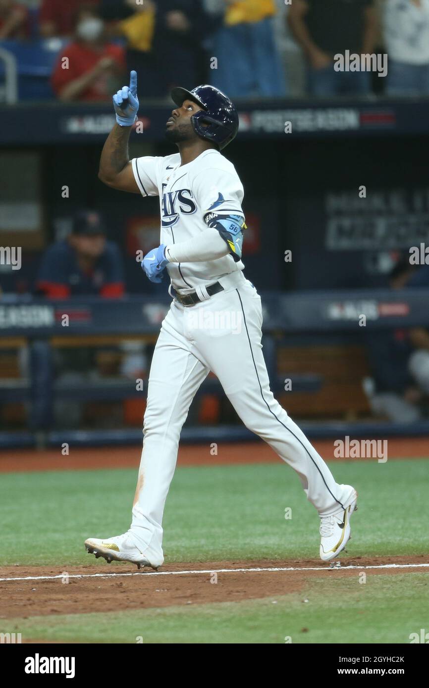 St. Petersburg, FL. USA;  Tampa Bay Rays left fielder Randy Arozarena (56) celebrates as he crosses the plate after homering at the opening game of th Stock Photo
