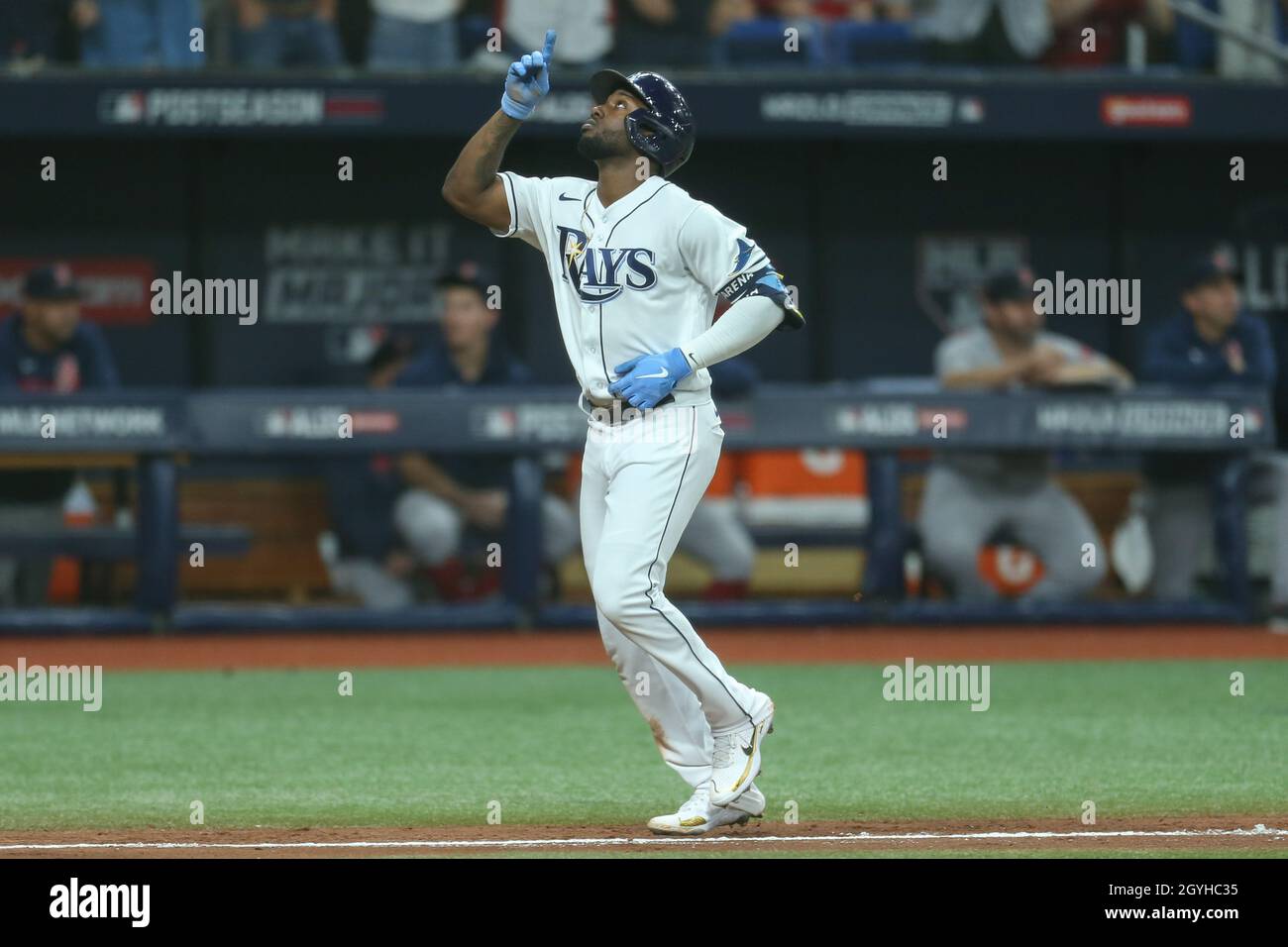 St. Petersburg, FL. USA;  Tampa Bay Rays left fielder Randy Arozarena (56) celebrates as he crosses the plate after homering at the opening game of th Stock Photo