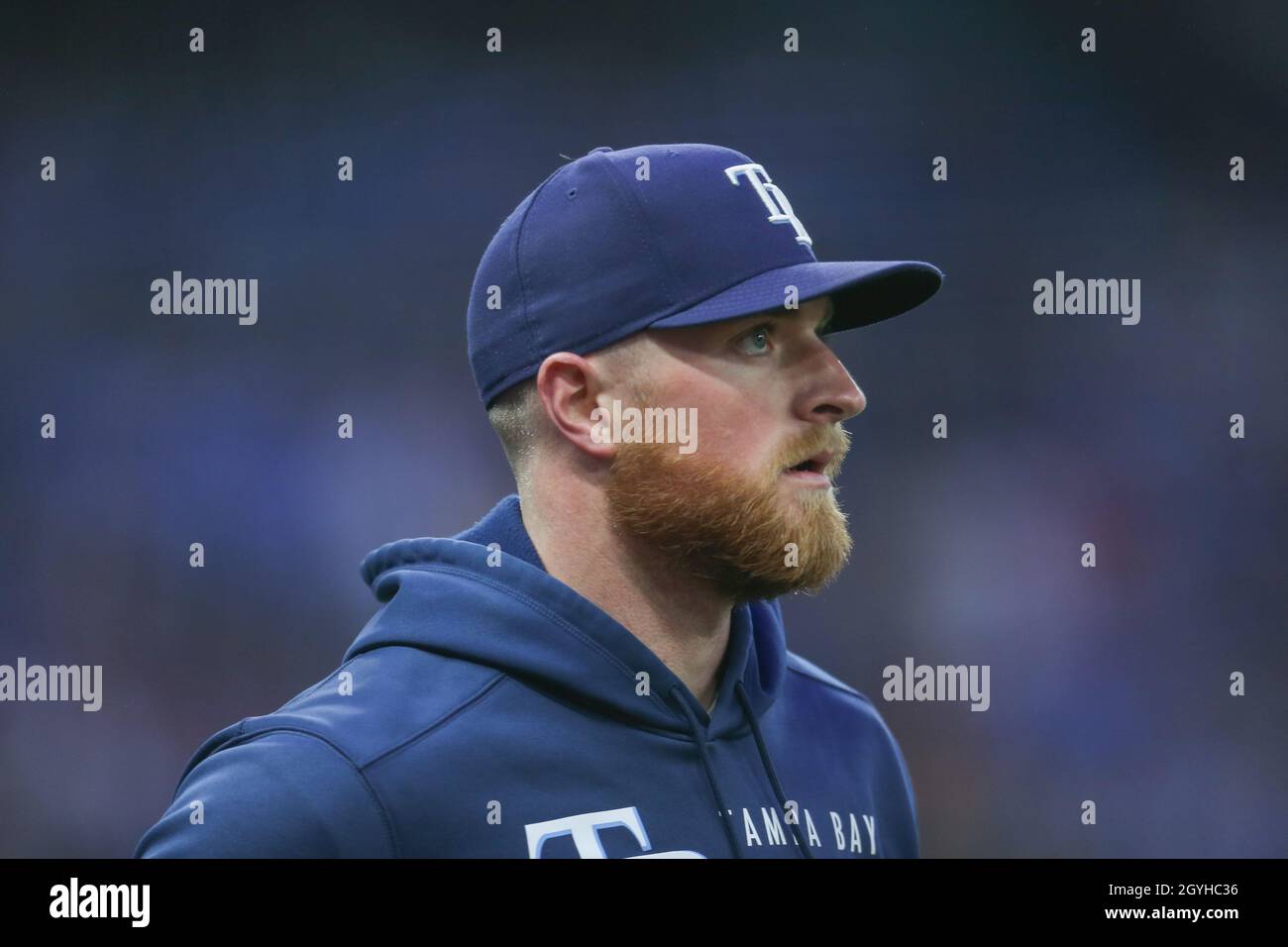 St. Petersburg, FL. USA;  Tampa Bay Rays relief pitcher Drew Rasmussen (57) heads to the bull pen at the opening game of the American League Division Stock Photo