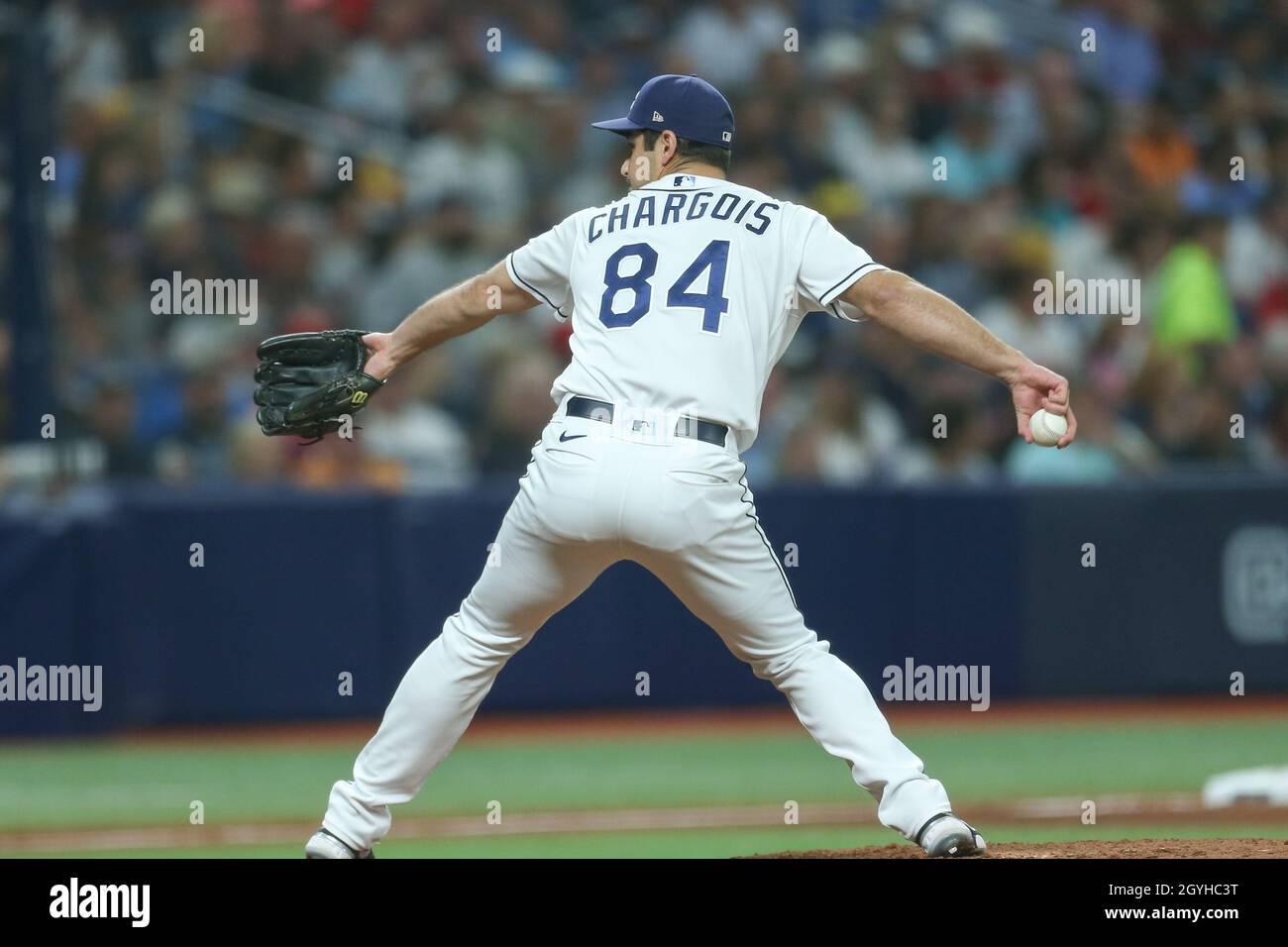 St. Petersburg, FL. USA;  Tampa Bay Rays relief pitcher JT Chargois (84) delivers a pitch at the opening game of the American League Division Series a Stock Photo
