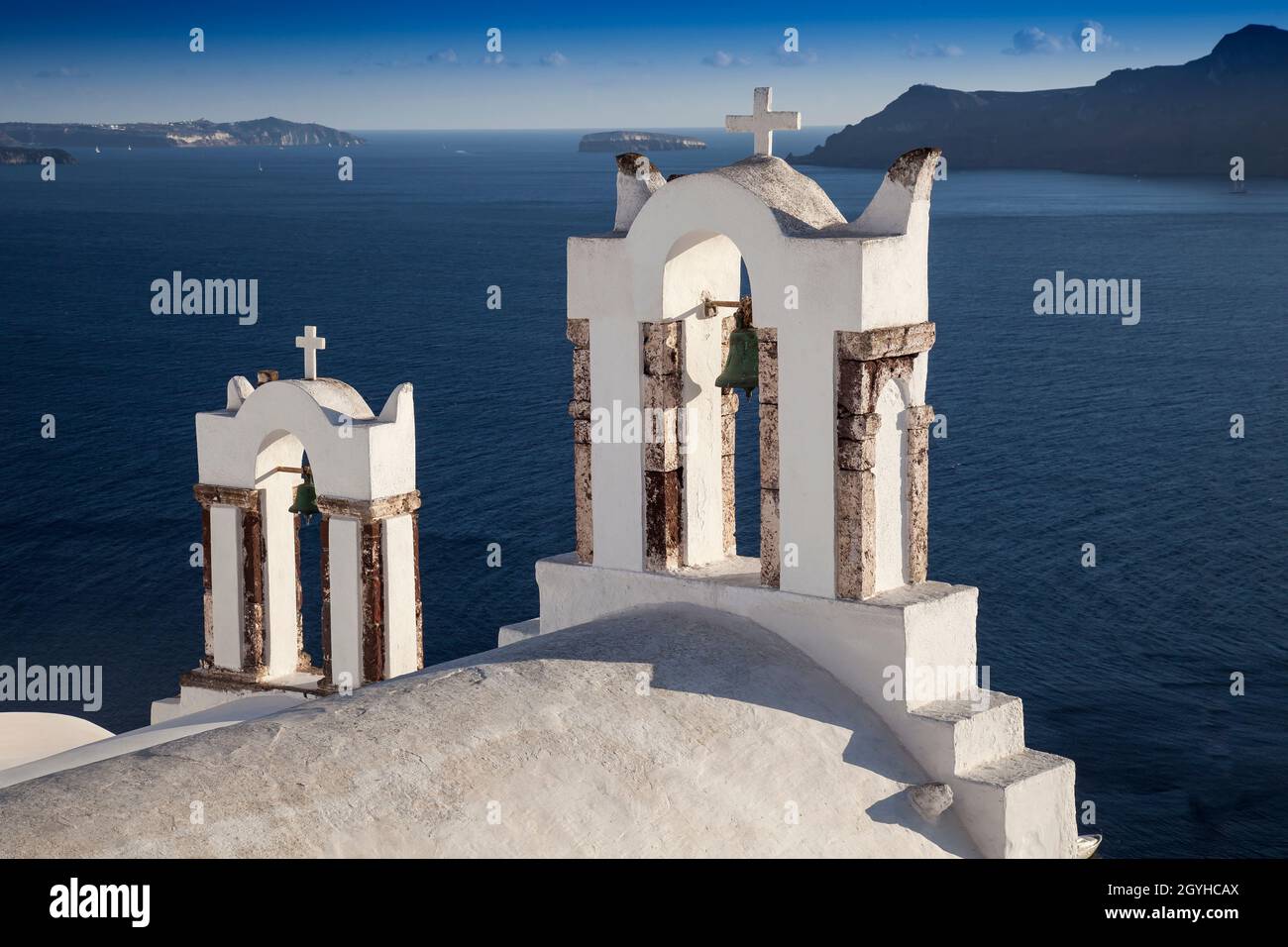 Orthodox Church with bell tower in Oia, Santorini, Cyclades, Aegean Sea, Greece, Europe Stock Photo