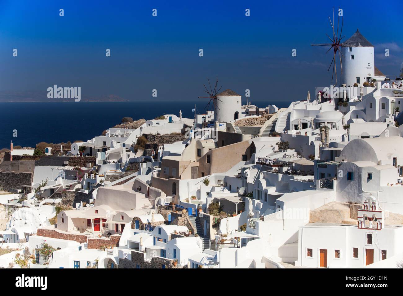 View of the windmills, Oia, Santorini, Cyclades, Aegean Sea, Greece, Europe Stock Photo