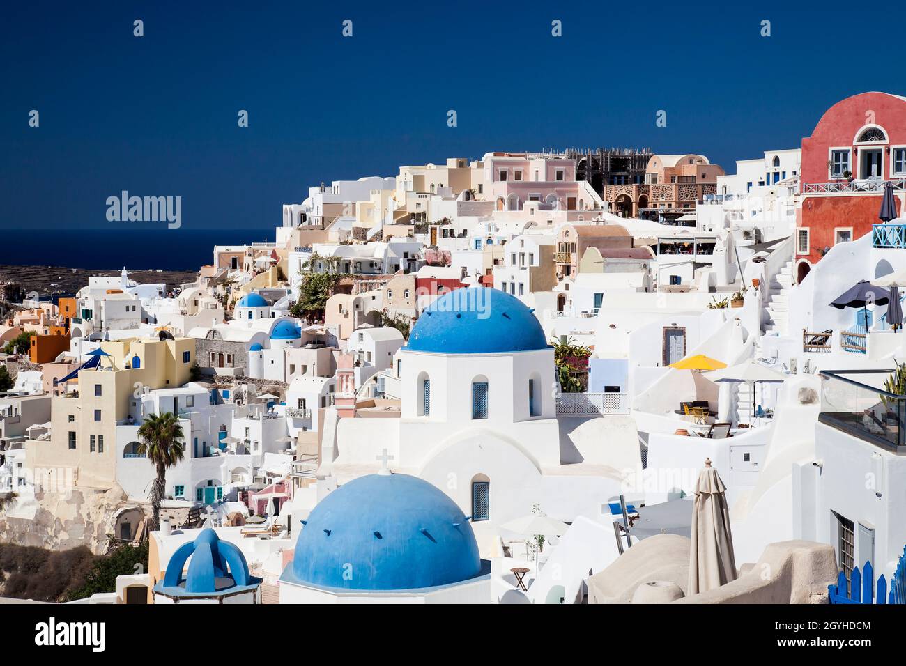 View of Oia with blue domes, Cyclades Santorini, Greece, Europe Stock Photo