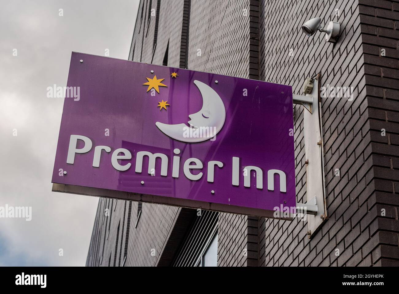 Premier Inn sign, Liverpool, Merseyside, UK. Stock Photo