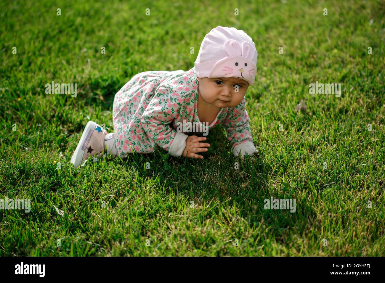 a cute little girl in a beautiful dress crawls on the green grass. sunny autumn warm day. Stock Photo