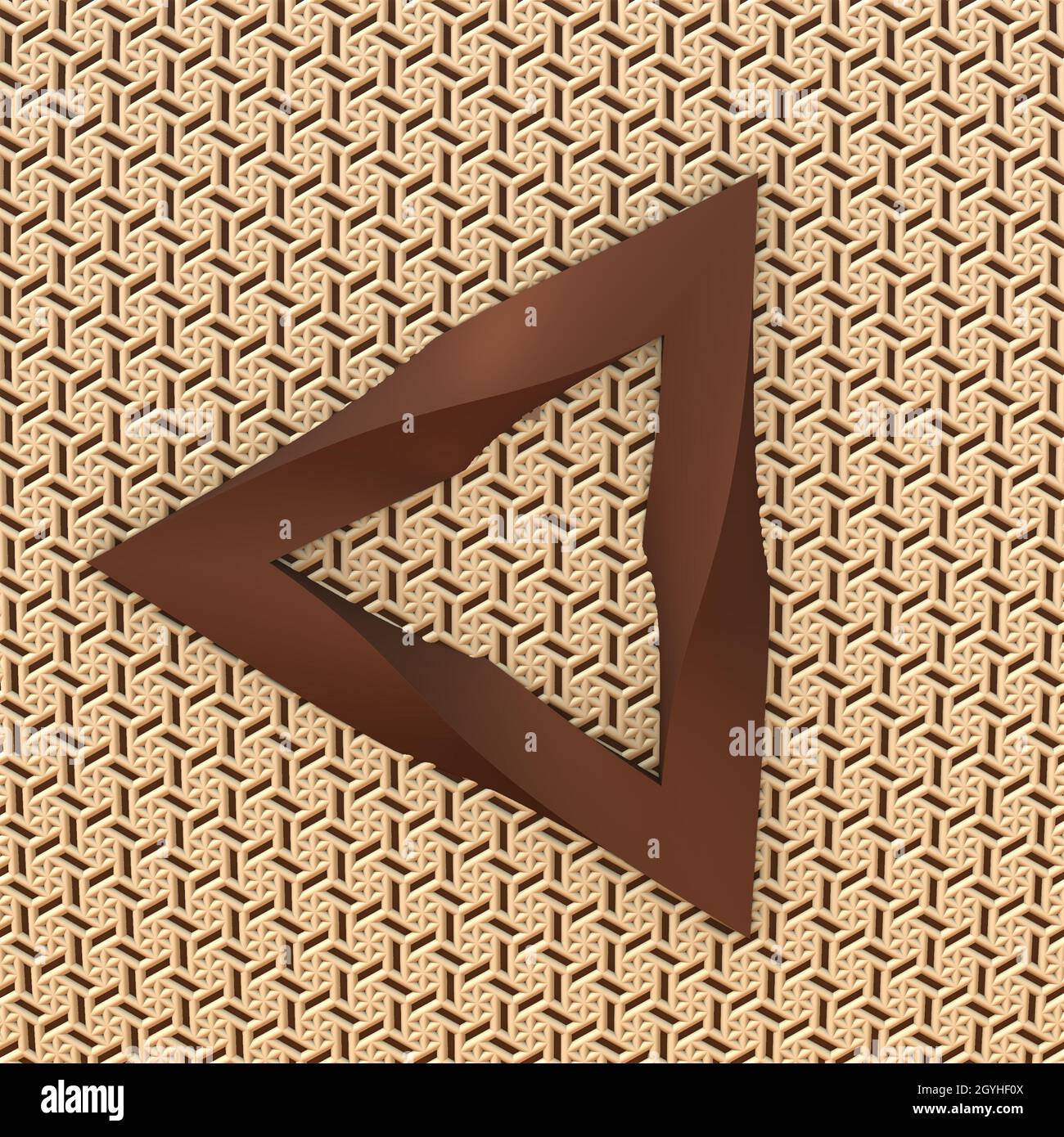 Moebius strib shaped triangle on patterned beige background Stock Photo