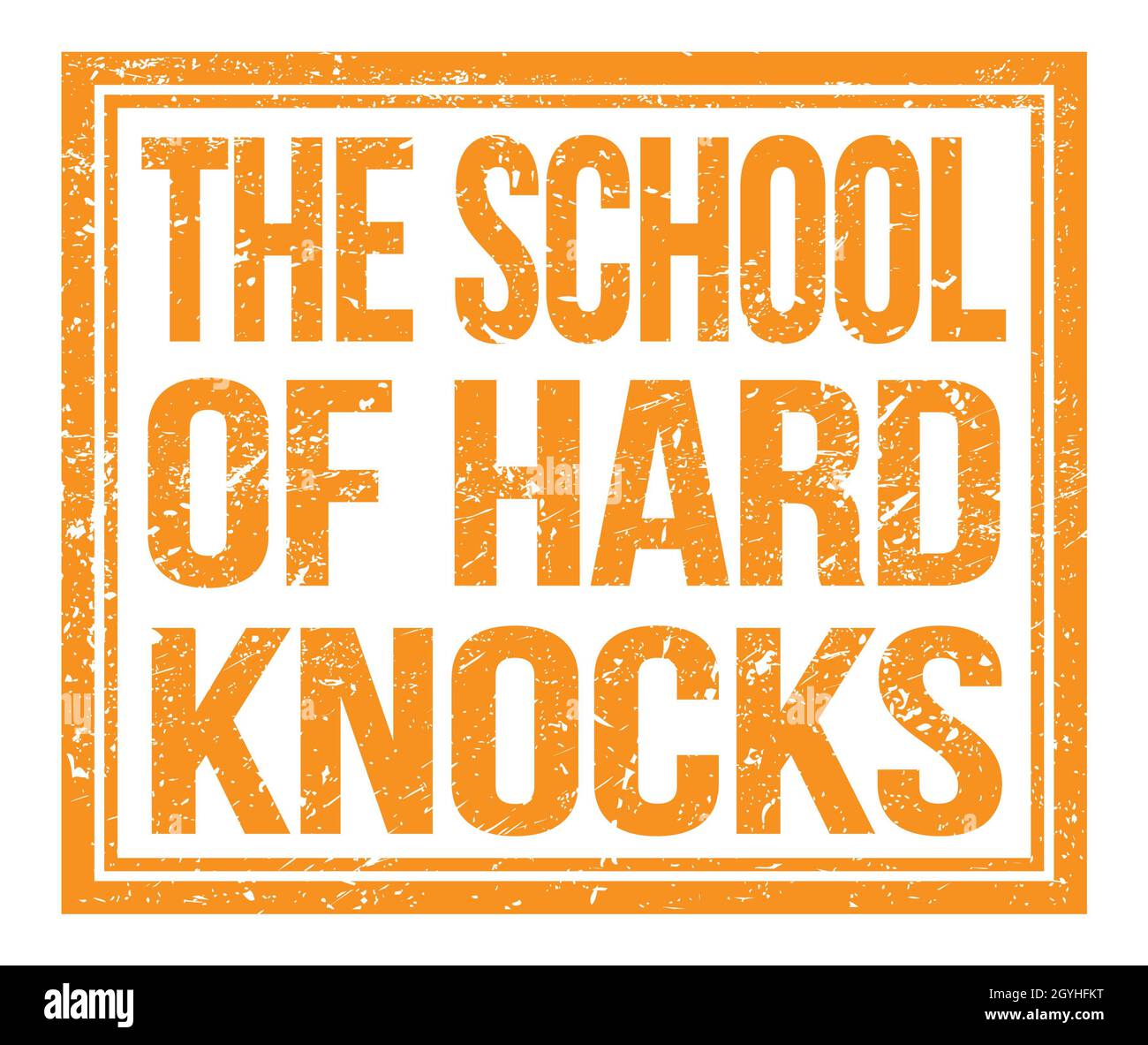 THE SCHOOL OF HARD KNOCKS, written on orange grungy stamp sign Stock