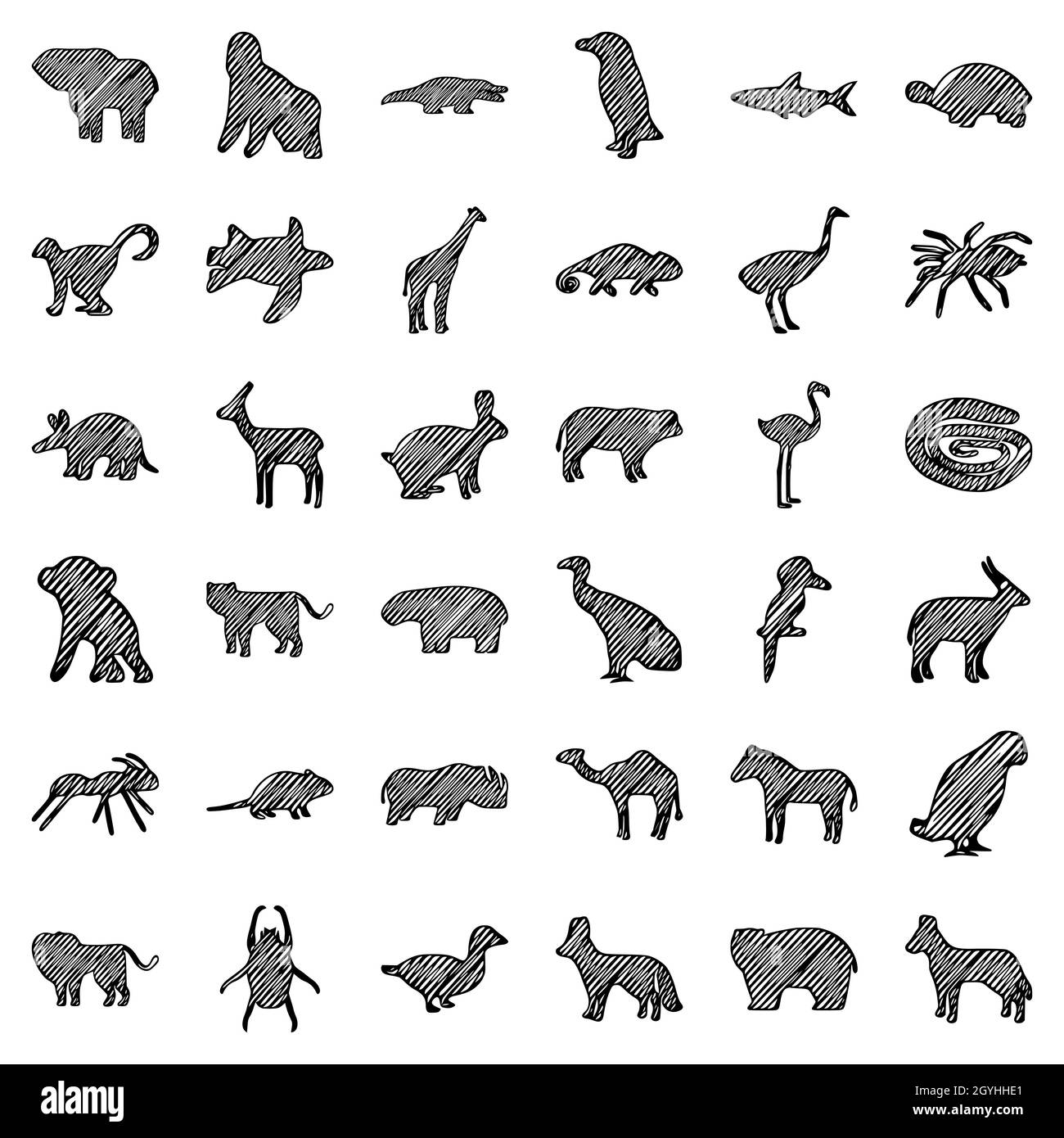 Set of scribble silhouettes of african animals, vector clip art. Stock Vector
