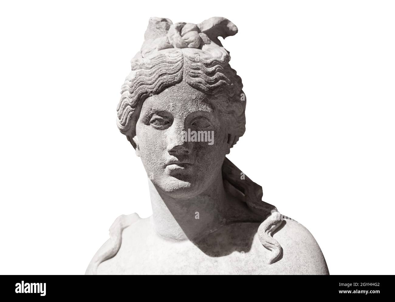 front view closeup of woman antique white marble bust statue isolated