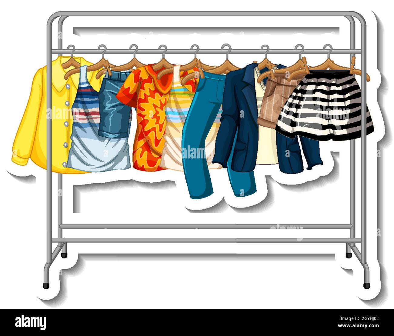 A sticker template of Clothes racks with many clothes on hangers on ...