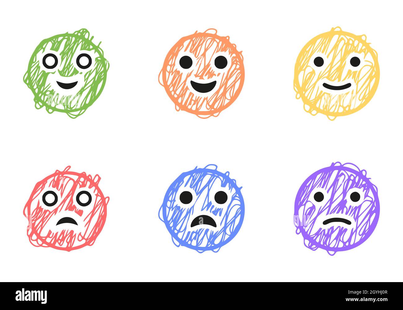 Set of positive and negative emoticons in scribble style, vector clip ...