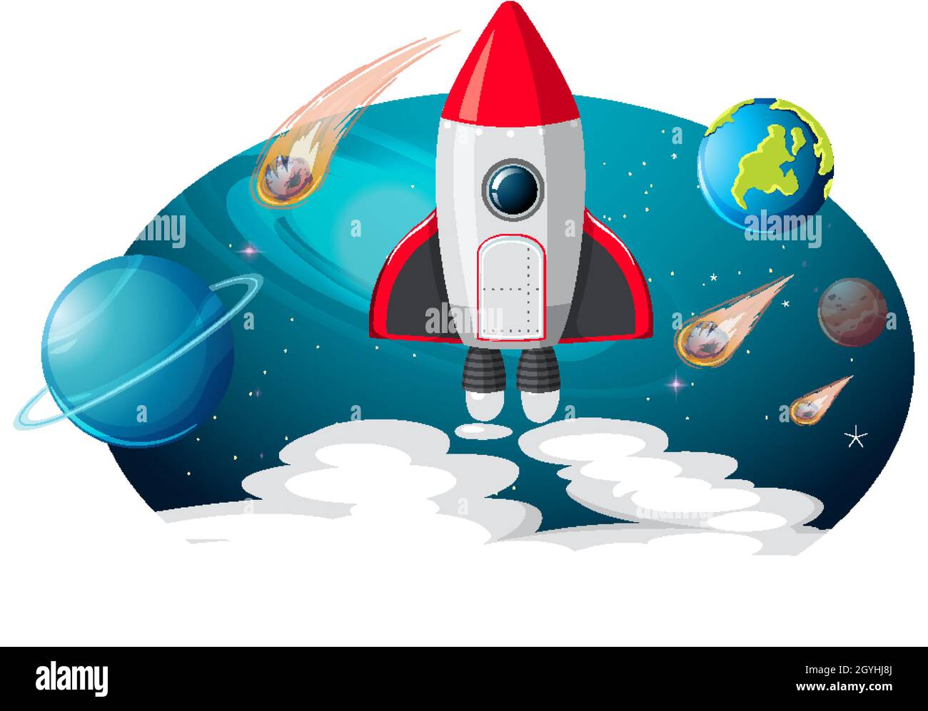Rocket ship with many planets and asteroids illustration Stock Vector ...