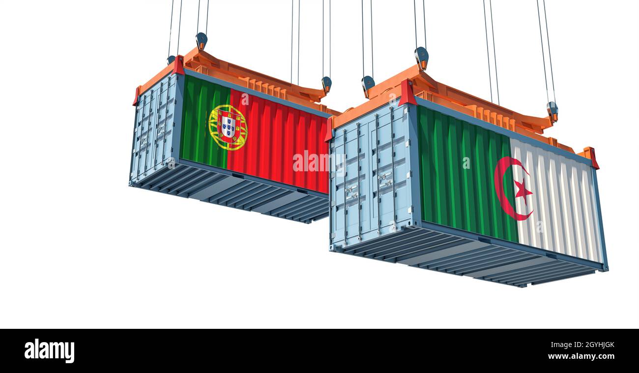 Freight containers with Algeria and Portugal national flags. 3D Rendering Stock Photo