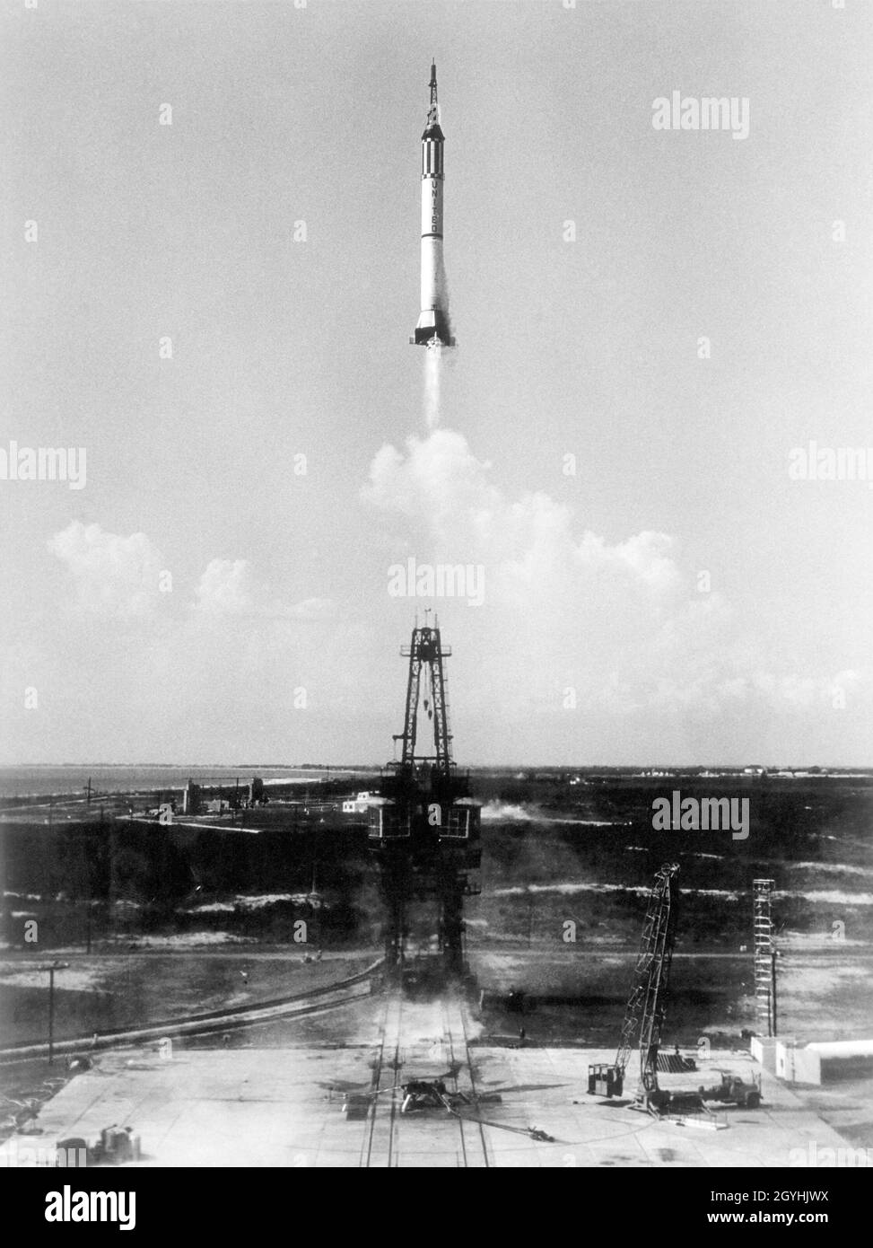 (5 May 1961) --- Launching of the Mercury-Redstone 3 (MR-3) spacecraft from Cape Canaveral on a suborbital mission -- the first U.S. manned spaceflight. Stock Photo