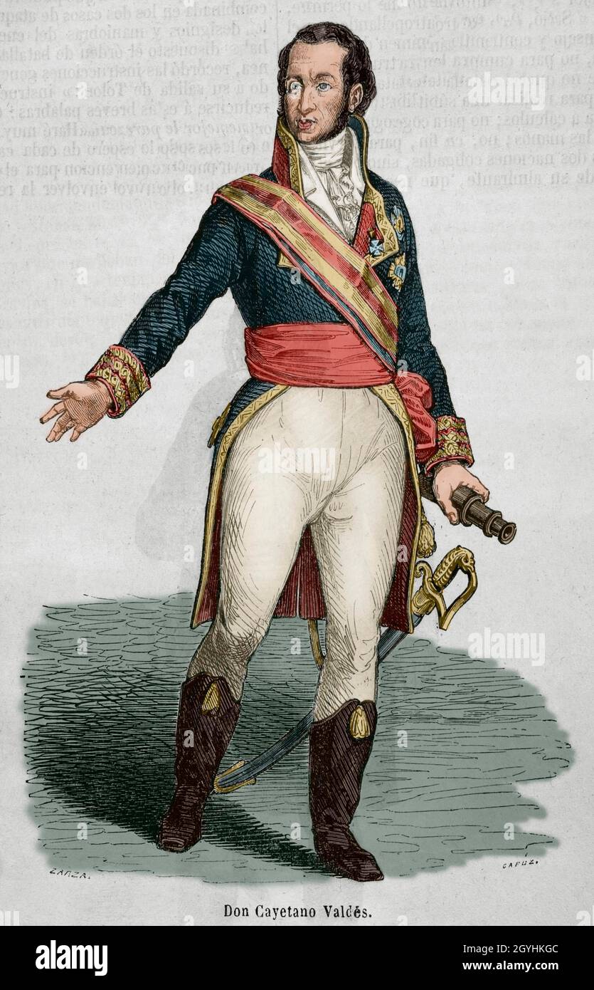Cayetano Valdés y Flórez (1767-1835). Spanish military and sailor. Captain General of the Spanish Navy. He fought in the Peninsular War and the Napoleonic Wars. Minister of War during the reign of Ferdinand VII. Illustration by Zarza. Engraving by Capuz. Later colouration. Historia General de España by Father Mariana. Madrid, 1853. Author: Eusebio Zarza (1842-1881). Spanish artist. Tomás Carlos Capuz (1834-1899). Spanish engraver and xylograph. Stock Photo