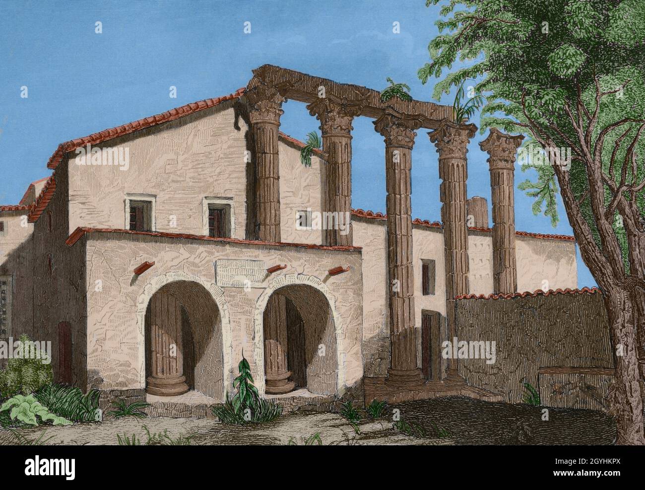 Spain, Extremadura. Ruins of the Temple of Diana in Mérida. Engraving. Las Glorias Nacionales. Later colouration. Volume I, Madrid-Barcelona edition, 1852. Stock Photo