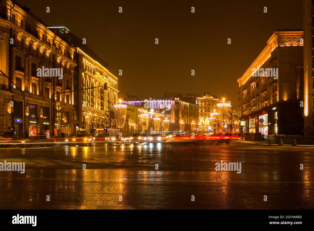 Moscow Russia Tverskaya Street January 30, 2019. New Year's Night Moscow. Traffic is blurred by the movement of cars on the road. Travel around the ci Stock Photo