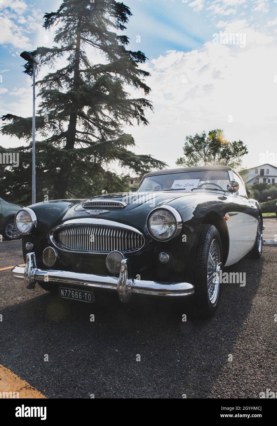 Italy, september 11 2021. Vallelunga classic. Sixties vintage car for sale in outdoors market  Austin Healey 3000 mkII front view no people Stock Photo