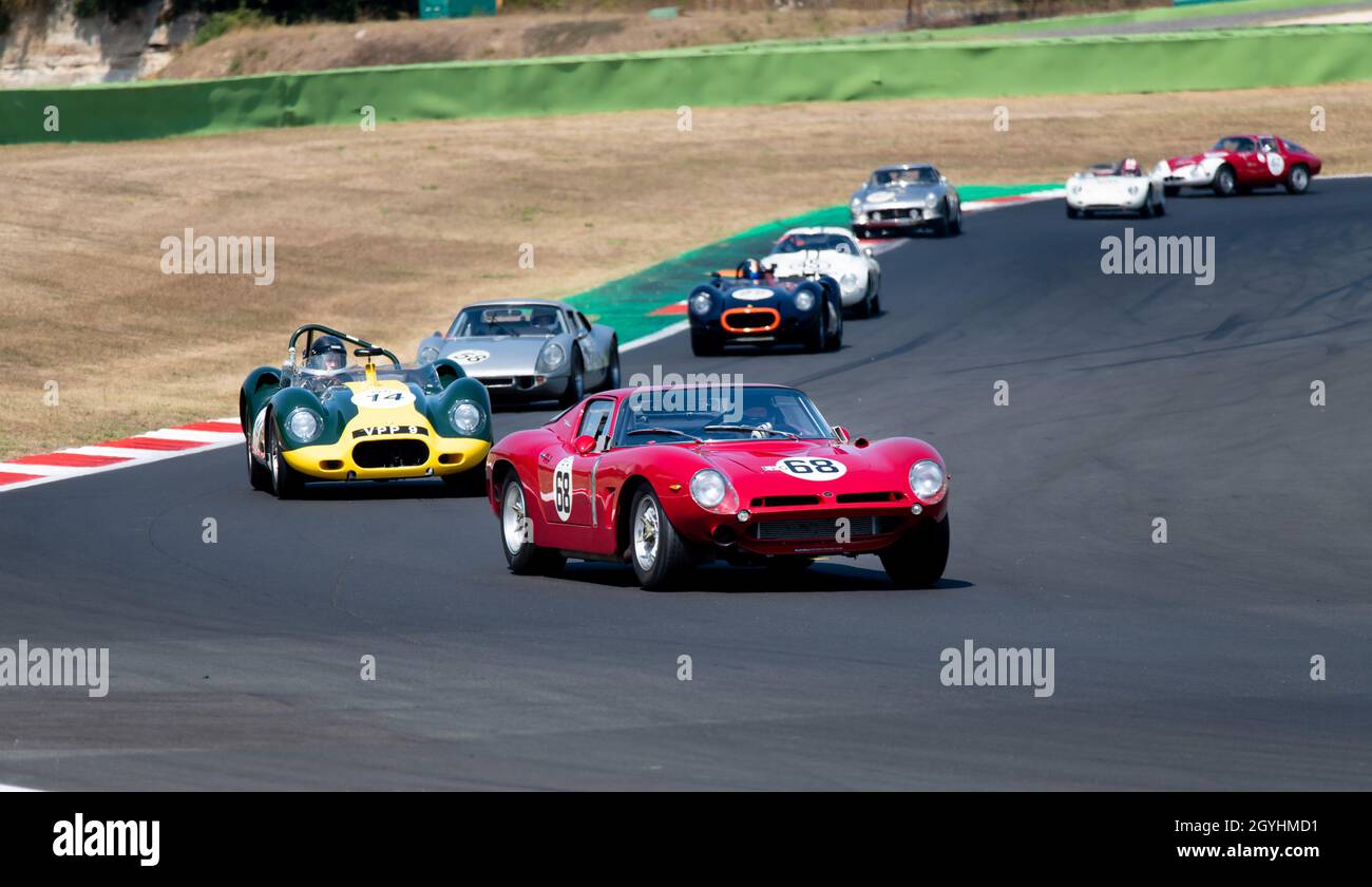 Italy, september 11 2021. Vallelunga classic. 60s vintage race car competition on racetrack, Bizzarrini 5300 GT TZ leading group Stock Photo