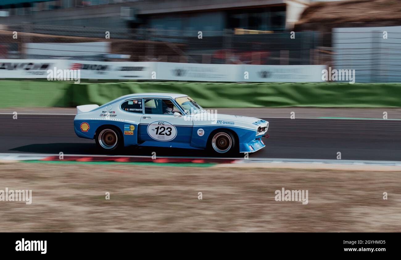 Italy, september 11 2021. Vallelunga classic. 70s vintage car racing blurred motion background of Ford Capri RS 3100 on asphalt racetrack Stock Photo