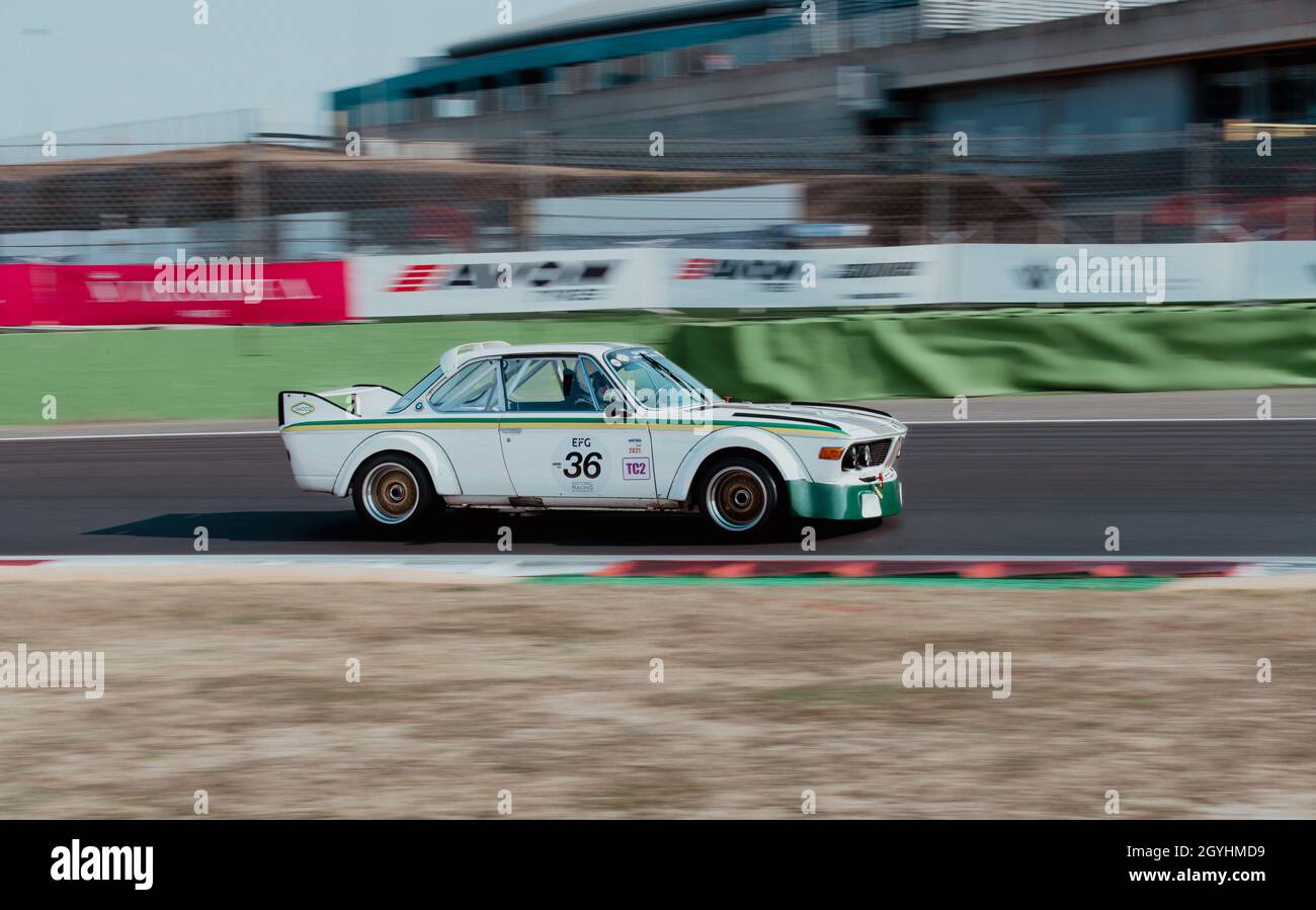 Italy, september 11 2021. Vallelunga classic. 70s vintage car racing blurred motion background of BMW 3.0 CSL on asphalt racetrack Stock Photo