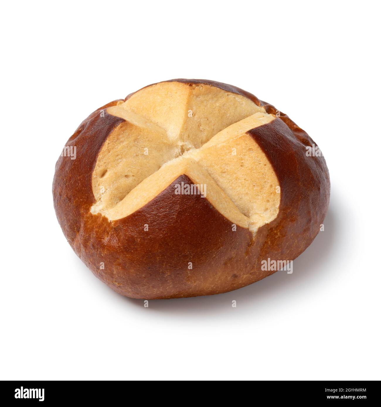 Single fresh baked German Lye roll close up isolated on white background Stock Photo