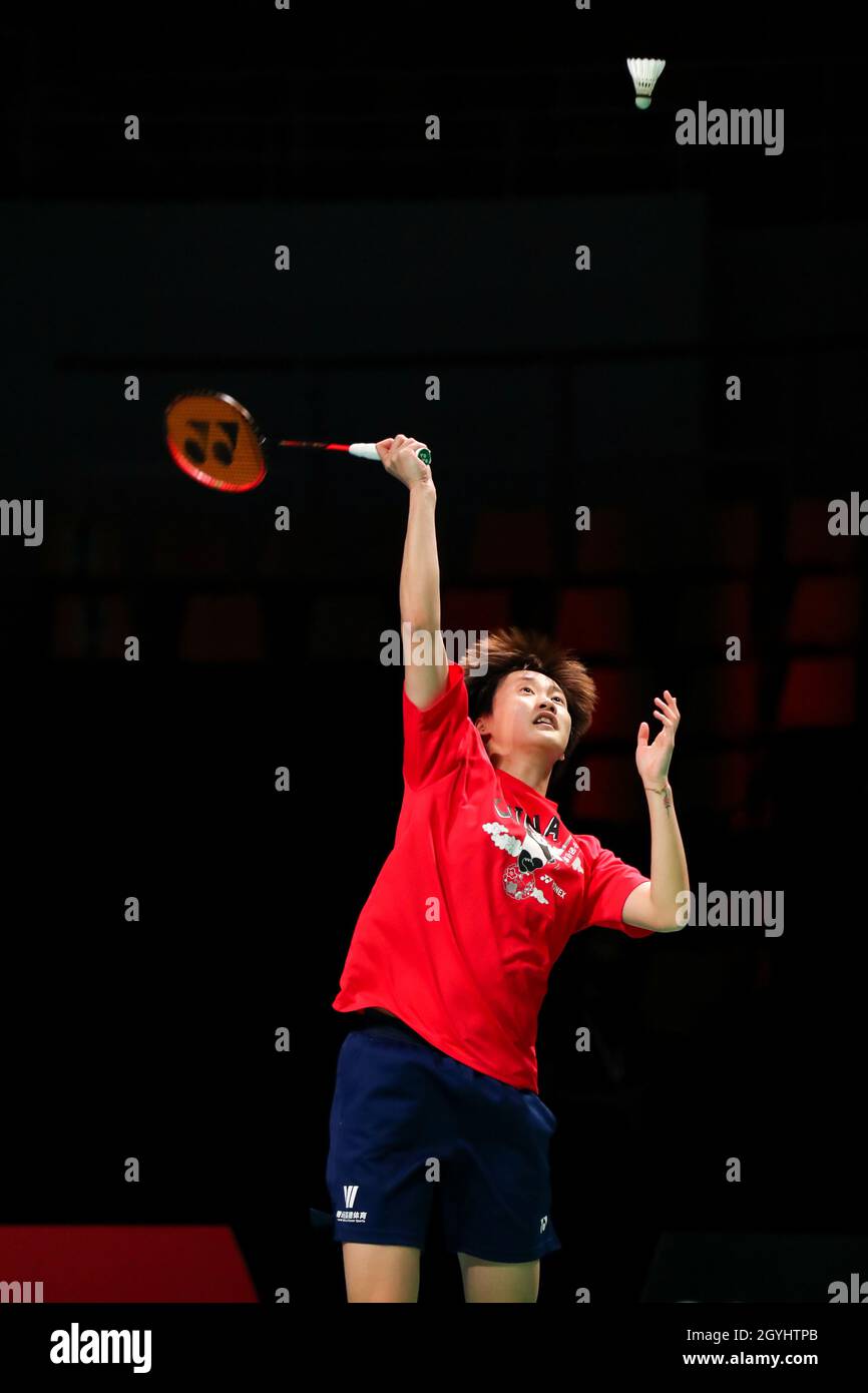 Aarhus, Denmark. 8th Oct, 2021. Chen Yufei of China attends a training session before the Uber Cup badminton tournament in Aarhus, Denmark, Oct