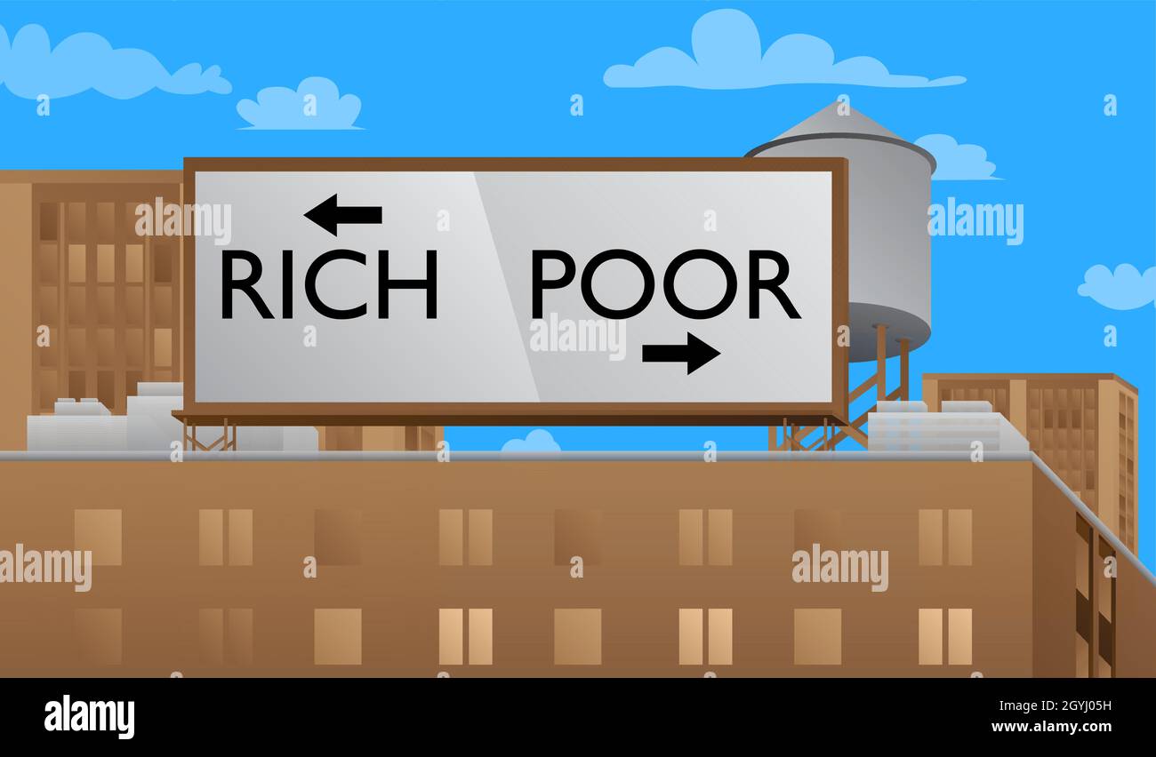 Poor or Rich words with arrows. Text on a billboard sign atop a brick building. Outdoor advertising in the city. Large banner on roof top of a brick a Stock Vector