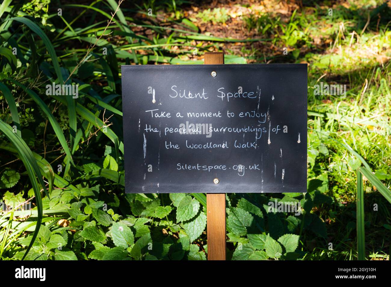 Silent Space sign in the woodland walk, Shuttleworth House, Old Warden, Bedfordshire, England. Stock Photo