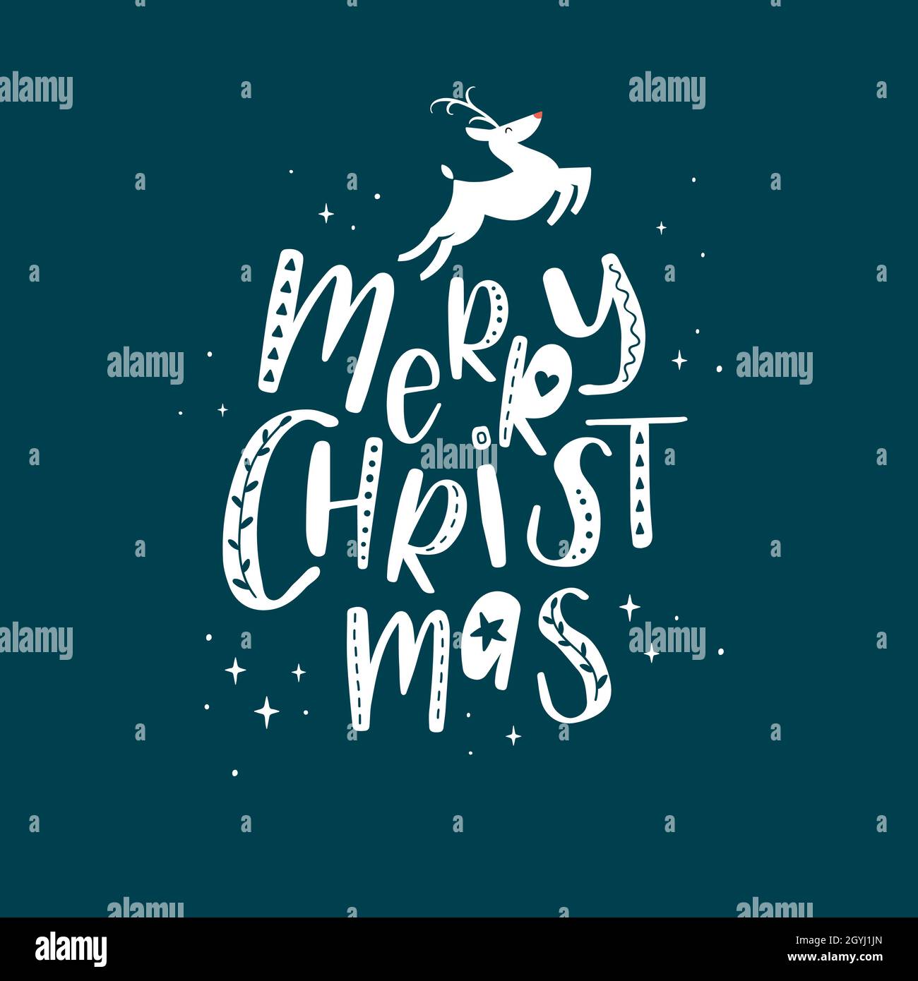 Cute hand drawn Christmas typography, creative hand lettering with reindeer, great for banners, cards, wallpapers - vector design Stock Vector