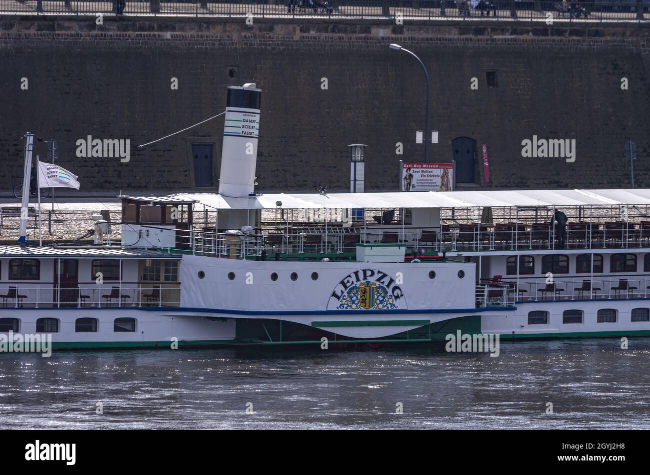 Dresden, Saxony, Germany: The historic paddle steamer LEIPZIG is moored at the landing stage on Terrassenufer. Stock Photo