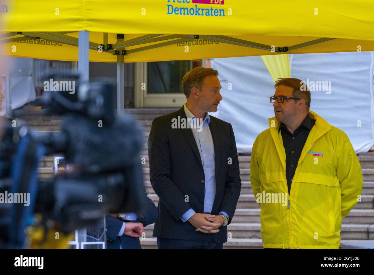LEIPZIG, GERMANY - Sep 17, 2021: Christian Lindner, top candidate of the 'Free Democratic Party' (FDP) in Germany at a stand at an election campaign e Stock Photo