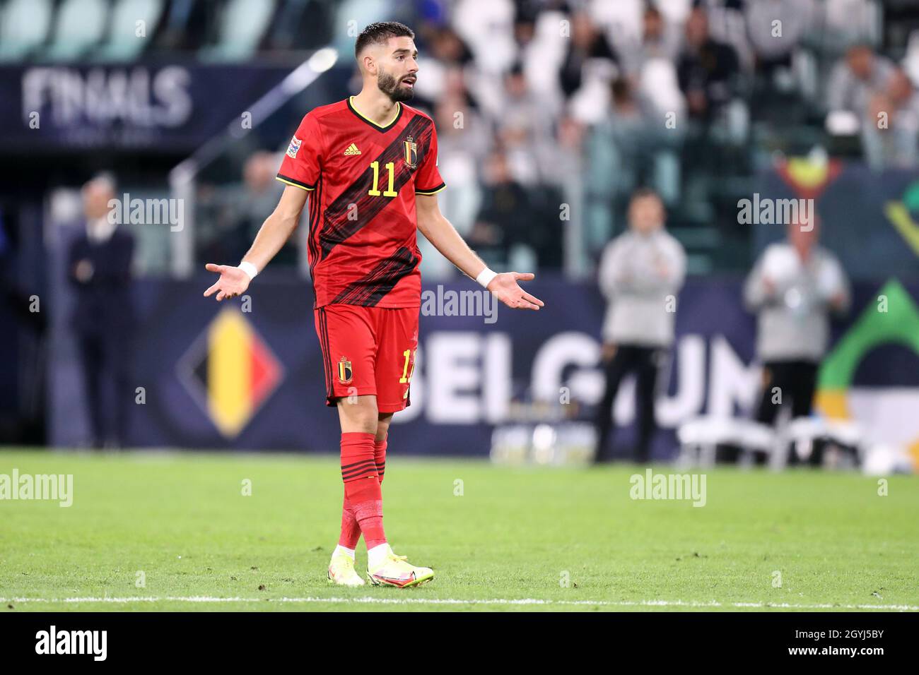 Yannick Carrasco of Belgium  gestures during the Uefa Nations League semi-final  match between Belgium and France at Juventus Stadium on October 7, 2021 in Turin, Italy . Stock Photo